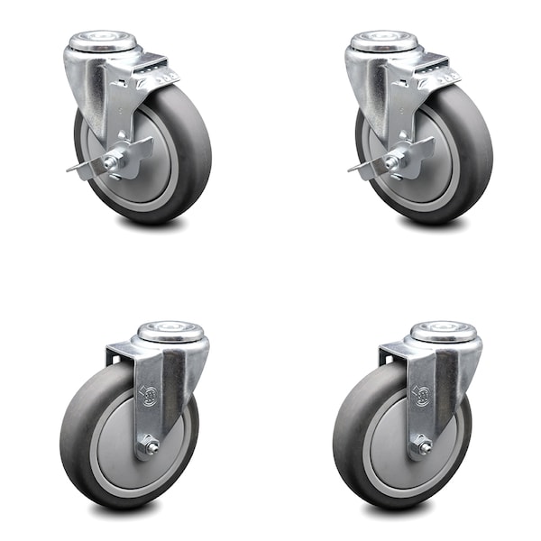 5 Inch Thermoplastic Rubber Wheel Swivel Bolt Hole Caster Set with 2 Brake SCC